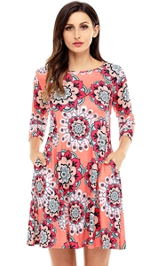 BY220051-14 Bohemian Sunflower Print Coral Dress